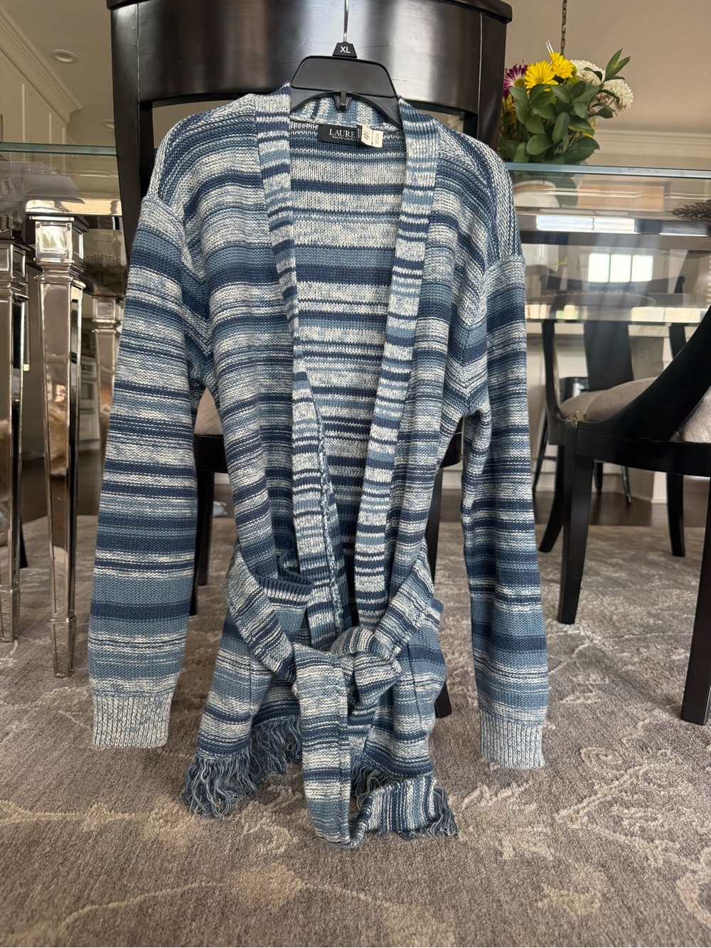 Ralph Lauren Blue and White Striped Belted Open-Front Cardigan